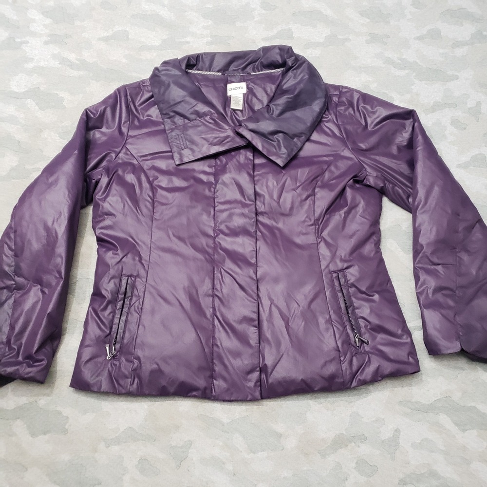 Chico's Down Puffer Jacket Womens Size 2 Purple Portrait Collar Quilted Coat